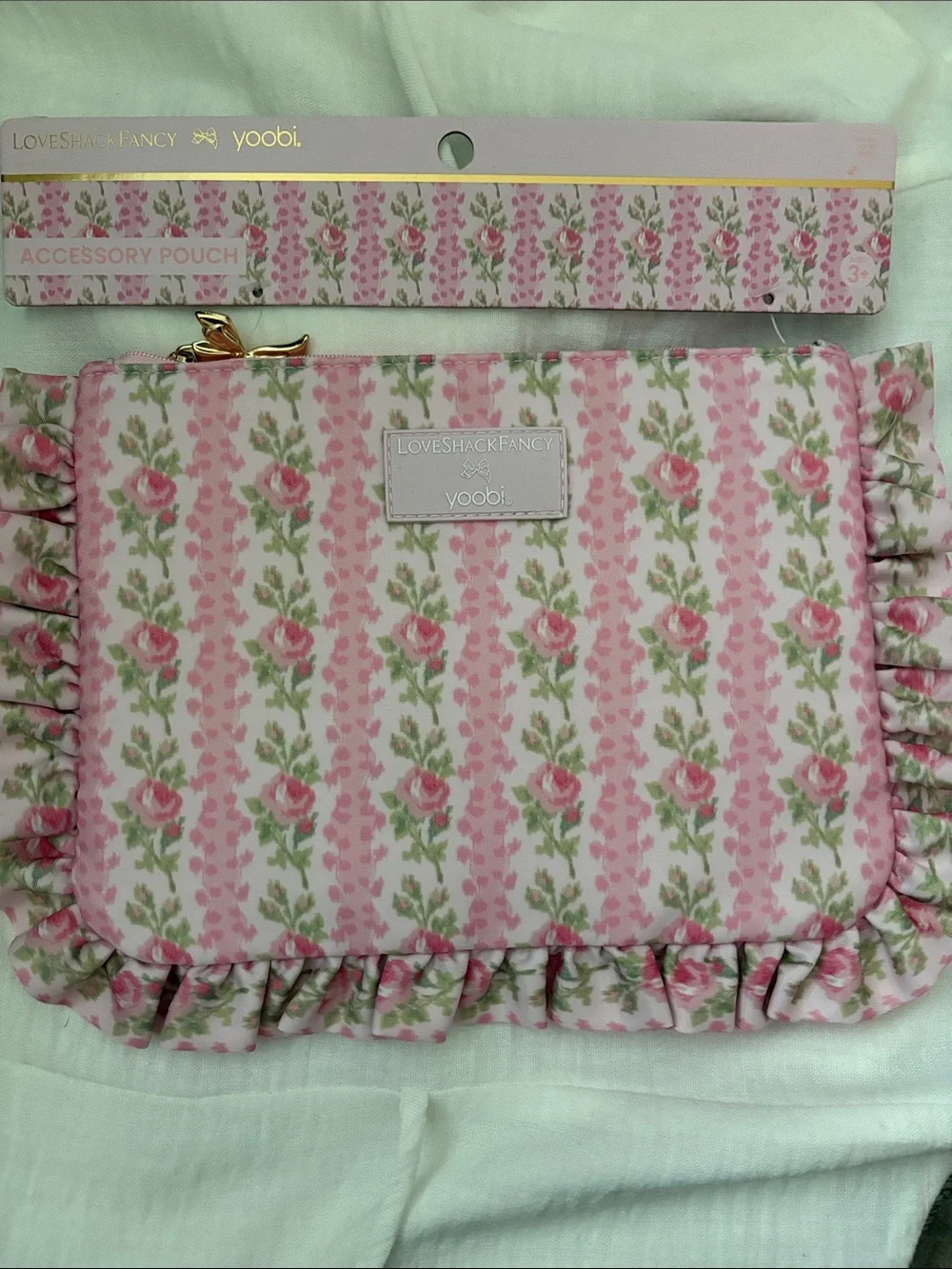 LoveShackFancy Pink Floral Ruffle Cosmetic Pouch
